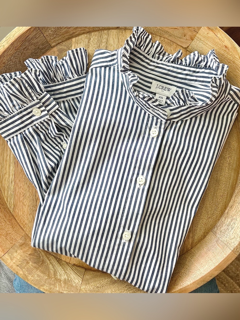 J. Crew Ruffle Neck Button Down Shirt Navy Blue & White Striped Women’s Size XS